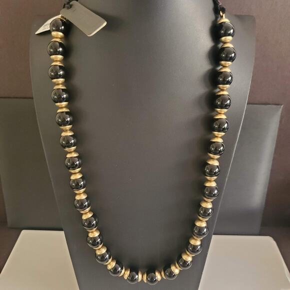 J. Crew Signed Black Glass Gold Tone Beaded Necklace Ribbon‎ Tie New with Tags - Picture 1 of 7